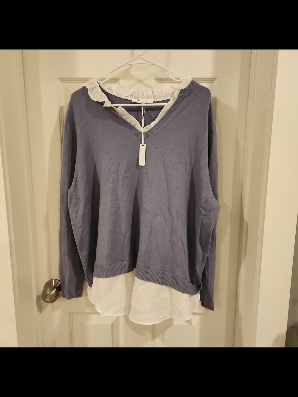 Sioni Milano Layered Sweater Shirt Women XL NWT Slate Blue Ruffle collar Preppy
